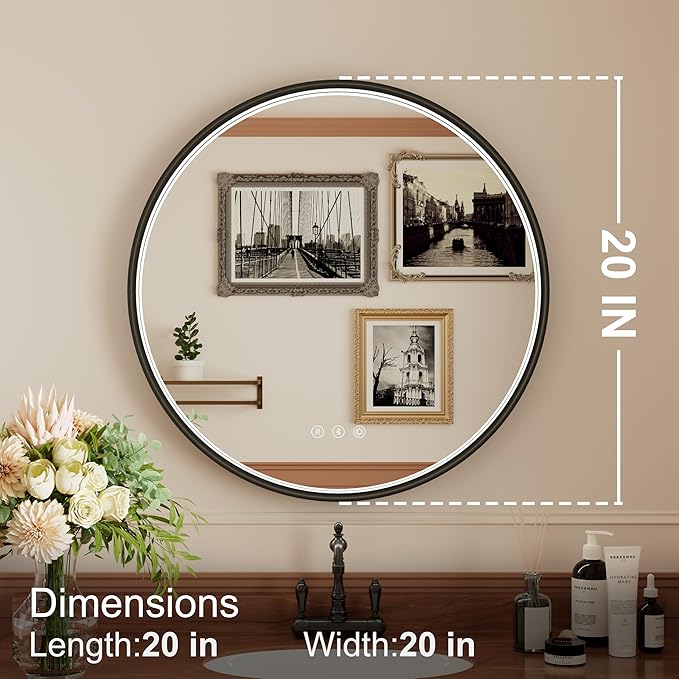 20-inch Round LED Bathroom Mirror with Bluetooth Speakers, Anti-Fog, Dimmable Lights & 3 Color Temperatures (3000K/4500K/6000K), Matte Black Aluminum Frame