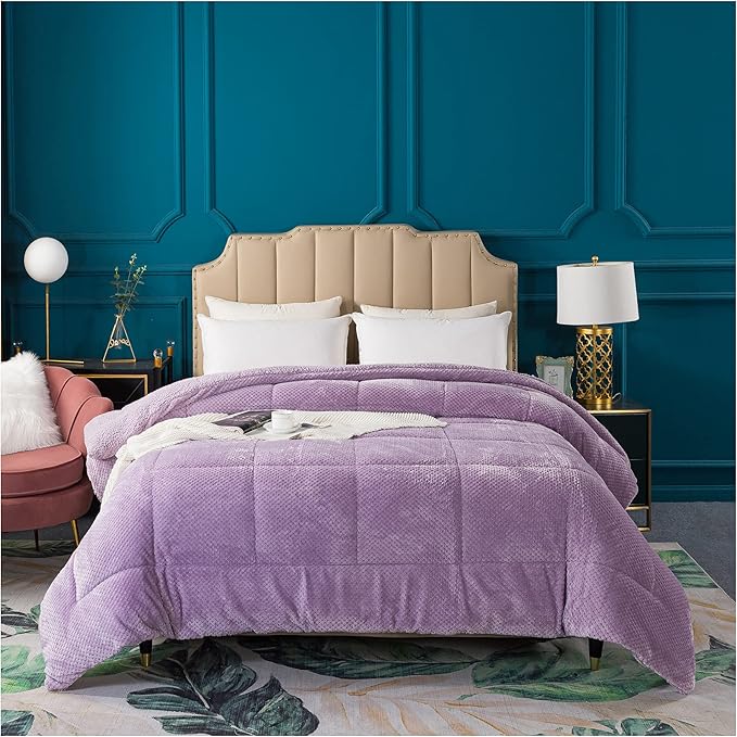 KASENTEX Super Ultra Soft Luxury Plush Sherpa Comforter, Cozy Reversible Faux Fur Machine Washable Bedding, Purple, Queen Size