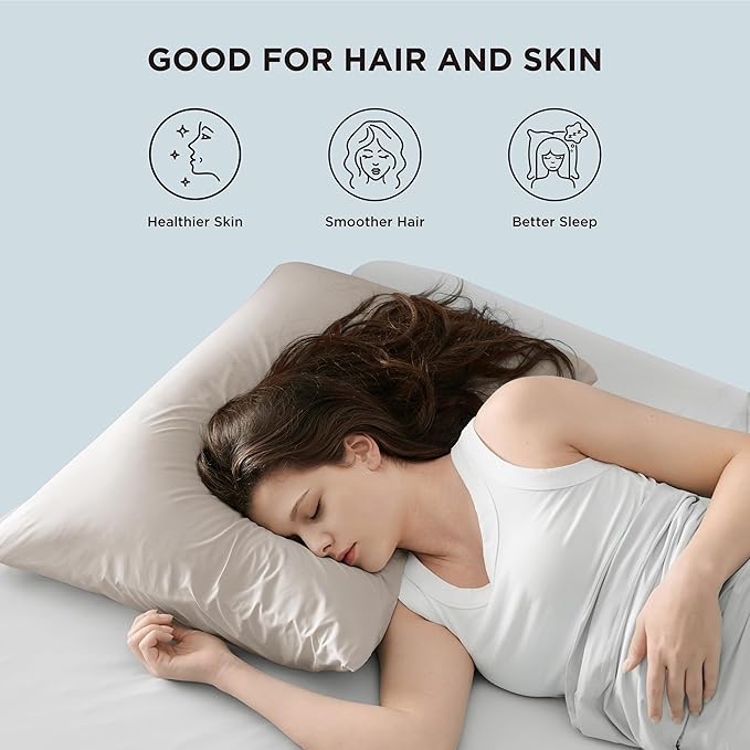 Bedsure Cooling Pillow Cases, Zipper Pillow Cases Standard Size Set of 2, Cool Pillowcases for Hot Sleepers and Night Sweats, Silky Soft & Breathable Cold Pillow Covers, Gift, Beige, 20x26 Inches