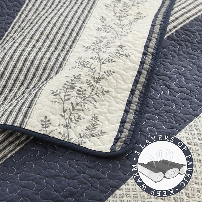 Stripe Quilt King Size - 100% Cotton Lightweight King Quilt Bedding Set, Vintage Vine Pattern Quilted Bedspread with 2 Pillow Shams, Farmhouse Printed Bed Coverlet for All Season, Navy/Gray