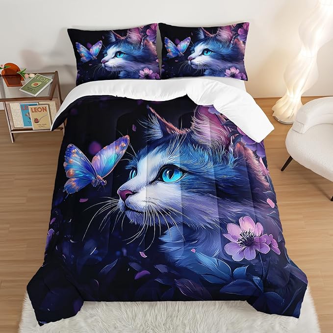 Kids Cat Comforter Set Queen Size,Fantasy Cats Butterfly Flowers Bedding Set for Kids Girls Kawaii Room Decor,Cute Little Animal Themed Toddler Bedding Set with 2 Pillowcases.
