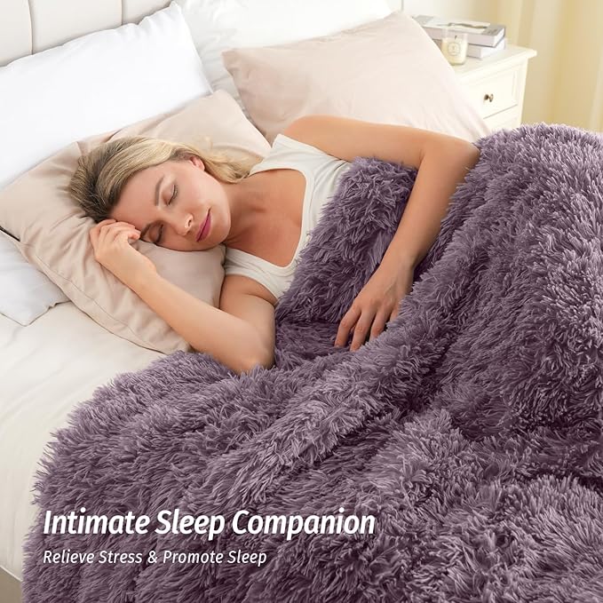 Wemore Shaggy Long Fur Faux Fur Weighted Blanket, Cozy and Fluffy Plush Sherpa Long Hair Blanket for Adult 15lbs, Fluffy Fuzzy Sherpa Reverse Heavy Blanket for Bed, Couch, Pink Purple, 60 x 80 Inches