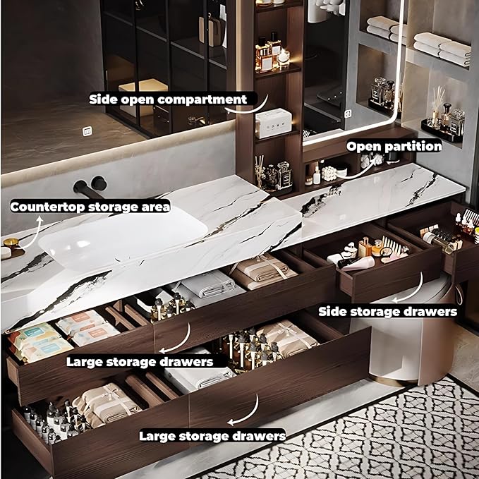 Bathroom Vanity with Sink - Luxury Bathroom Sink Cabinet, Floating Vanity with Smart Defogging Mirror & Storage Drawer, Multi-Layer Solid Wood Panel - Complete Accessories (68")