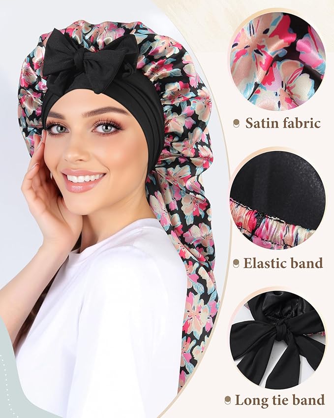 AWAYTR Long Satin Bonnet for Sleeping, Reversible Double Layer Hair Bonnet with Elastic Tie Band (Ink Floral Print+Black)