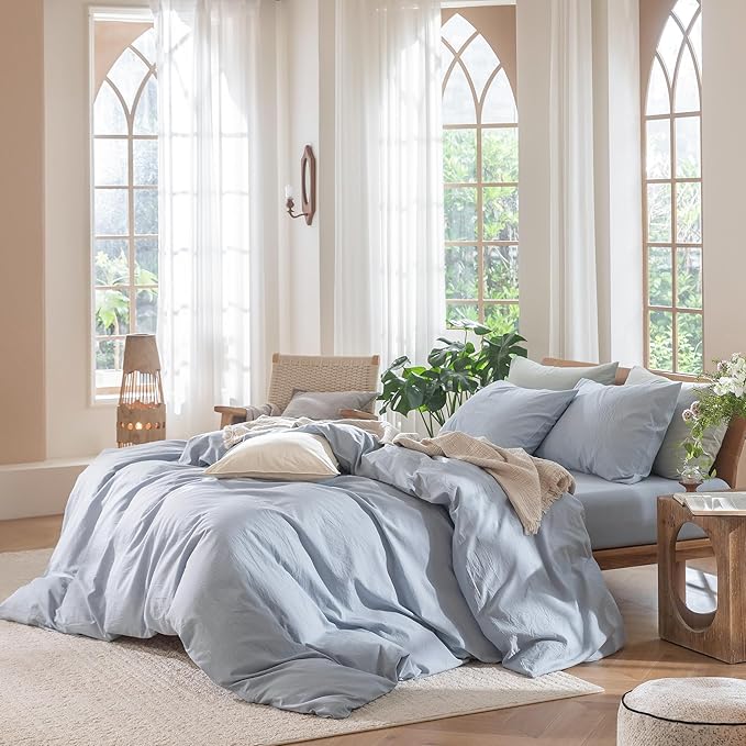 MooMee Bedding Duvet Cover Set 100% Washed Cotton Linen Like Textured Breathable Durable Soft Comfy (Heathered Cornflower Blue, Cal King 104"x98")