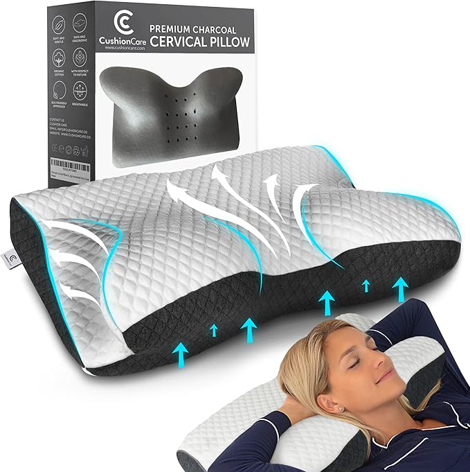 Charcoal Cervical Neck Pillow for Pain Relief Sleeping – Ventilated Memory Foam - Orthopedic Contour Pillow for Side, Back, Stomach Sleeper - Ergonomic Arm, Neck and Shoulder Support Pillows