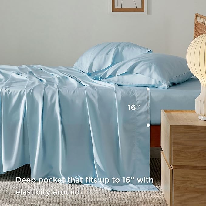 Bedsure California King Sheet Sets, Cooling Sheets, Rayon Derived from Bamboo, Breathable & Soft, Deep Pocket Up to 16 Inches, Hotel Luxury Silky Bedding for Hot Sleepers, Aqua
