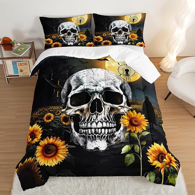 Skull Comforter Set for Gothic Decor Bedroom,Sunflower Floral Bat Print Bedding King Size Comforter Set for Kids Boys Girls,Dark Night Halloween Horror Bedding Set with 2 Pillowcases.