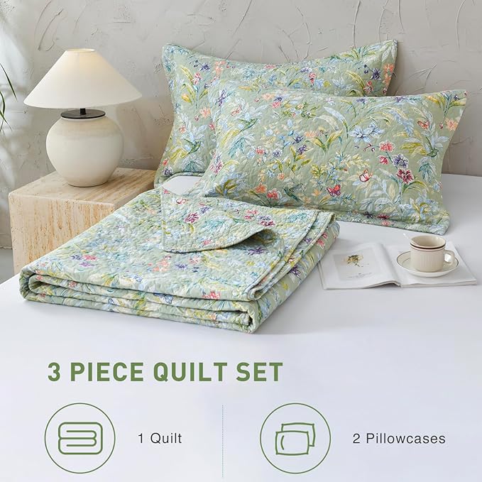 Lady Ann 100% Cotton Floral Oversized Queen Quilt Set - Green Flower Bird Butterfly Pattern Print Quilted 102x118 Bedspread & Coverlet Set, 3 PCS Lightweight Extra Soft Queen Bedding Sets All Season