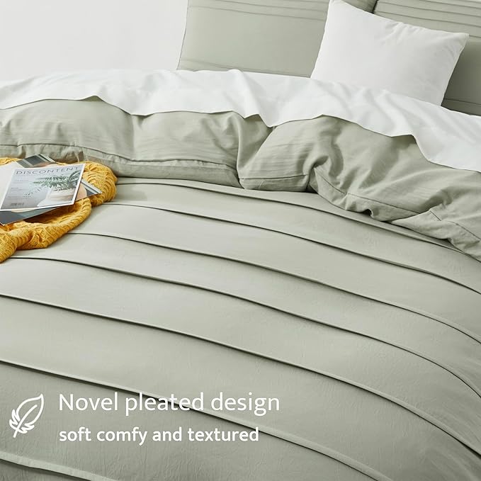 Oli Anderson Mist Sage Duvet Cover King Size - Pleated King Duvet Cover, 3PCS Soft and Breathable Textured Bedding Set with Zipper Closure(Mist Sage,104"x90")