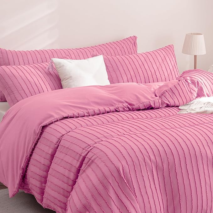 JELLYMONI Duvet Cover King Size Bright Pink - 3PCS Boho Striped Duvet Cover Set Polyester Tufted Bohemian Textured Comforter Cover with Corner Ties & Zipper Closure