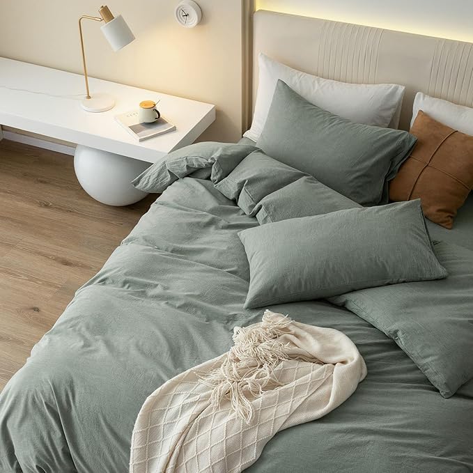 JIYUAN 100% Washed Cotton Duvet Cover Set 3 Pieces Super King, 1 Duvet Cover 108x98 Inches(Comforter Not Included) and 2 Pillowcases,Linen Feel Bedding Set Comfy and Breathable, Heathered Green