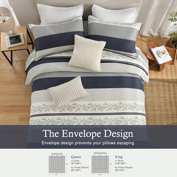 Stripe Queen Quilt Set - 100% Cotton Soft Lightweight 3 Pieces Bedding Set, Vintage Vine Pattern Quilted Bedspread with 2 Pillow Shams, Farmhouse Printed Coverlet for All Season, Navy/Gray