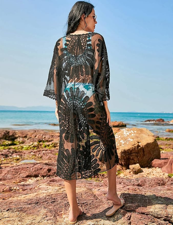 Blooming Jelly Womens Bathing Suit Cover Up 3/4 Sleeve Mesh Swimsuit Coverup Long Floral Beach Lace Kimono Summer Cardigan