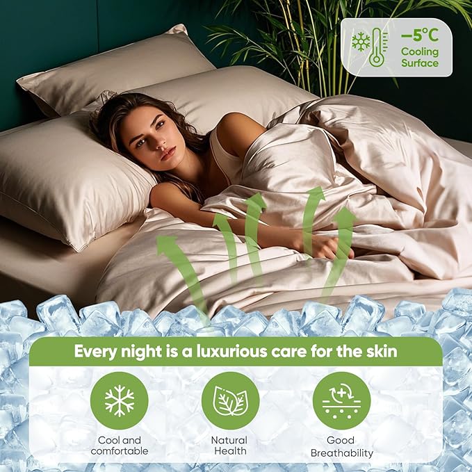 TWK Luxury Sheet Set, Genuine 100% Viscose Derived from Bamboo, Cooling & Breathable, Silky Soft, Bedding Sheets & Pillowcases(Sand Queen(60 * 80 * 15))