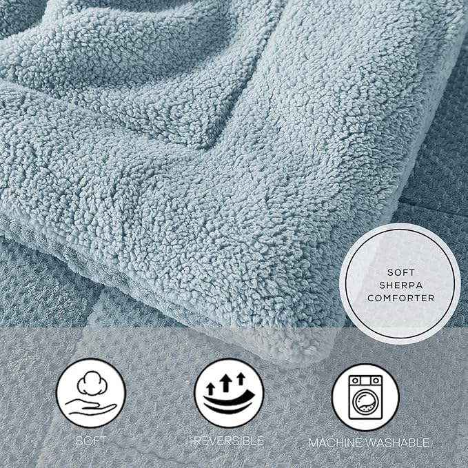 KASENTEX Super Ultra Soft Luxury Plush Sherpa All Season Comforter King Size, Cozy Reversible Faux Fur Machine Washable Bedding, Cloud Blue