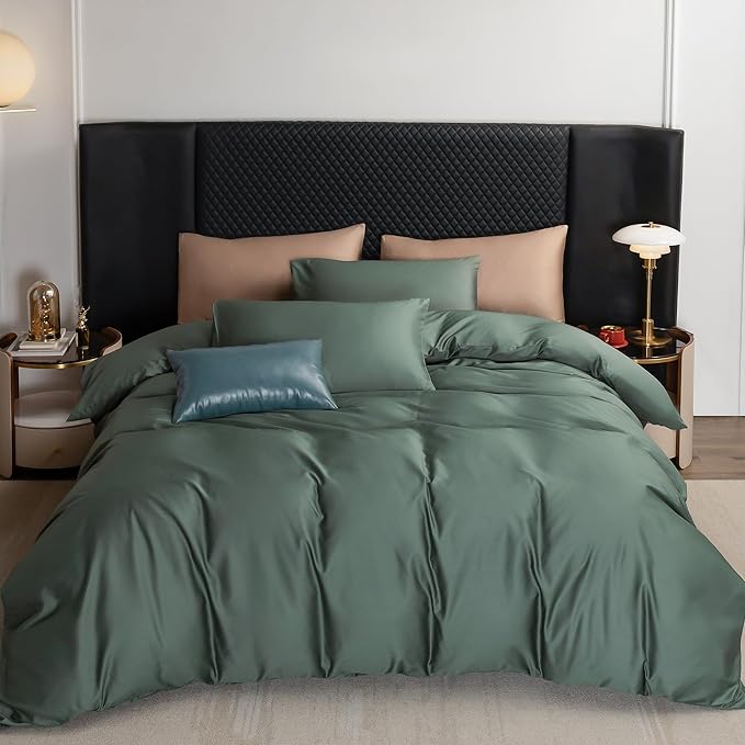 MooMee Duvet Cover Set 100% Extra Long Staple Cotton 600 Thread Count Silky Sateen Smooth Luxury Soft Breathable Durable Hotel Quality Bedding, 3 Pieces (Dark Green, King 104"x90")