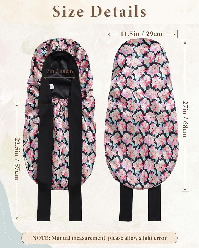 AWAYTR Long Satin Bonnet for Sleeping, Reversible Double Layer Hair Bonnet with Elastic Tie Band (Ink Floral Print+Black)