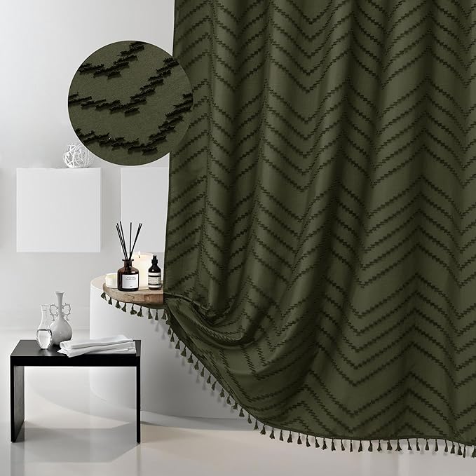Boho Shower Curtain with Tassel Woven Fabric Olive Green Shower Curtain 72 x 72 Modern Farmhouse Textured Tufted Chevron Striped Minimalist Bathroom Shower Curtains