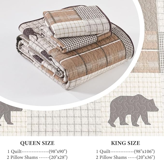 Uniclinens 100% Cotton Quilts Queen Size - Farmhouse Cabin Lodge Bear Deer Tree Quilt Set, Soft Patchwork Plaid Bedspreads Lightweight Quilted Comforter with 2 Pillow Shams, Green/Brown/Cream