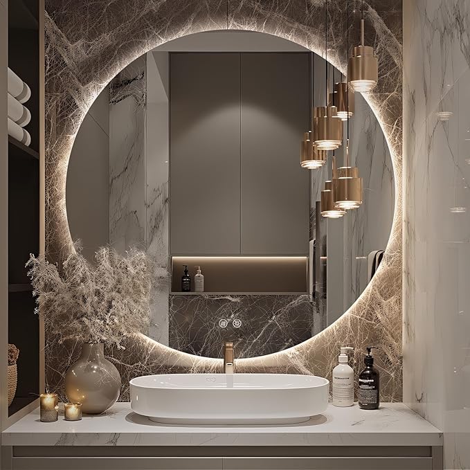 Round LED Mirror for Bathroom, 32" Circle Frameless Backlit Mirror with Lights, Wall Mounted Vanity Mirror, 3 Colors, Dimmable, Anti-Fog, IP65 Waterproof, Memory Function, UL Listed