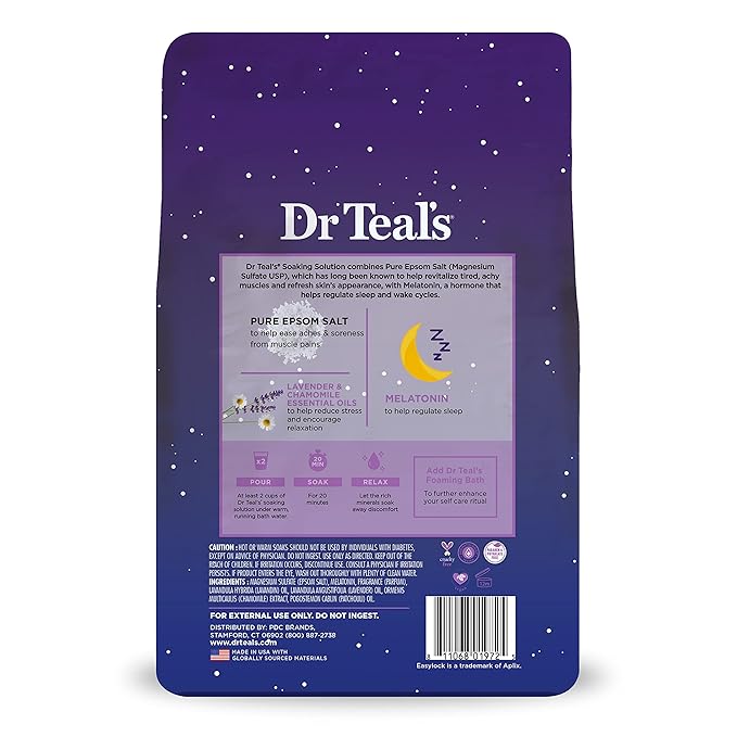 Dr Teal's Pure Epsom Magnesium Salt Soak, Sleep Blend with Melatonin, Lavender & Essential Oils, 3 lb (Pack of 4)