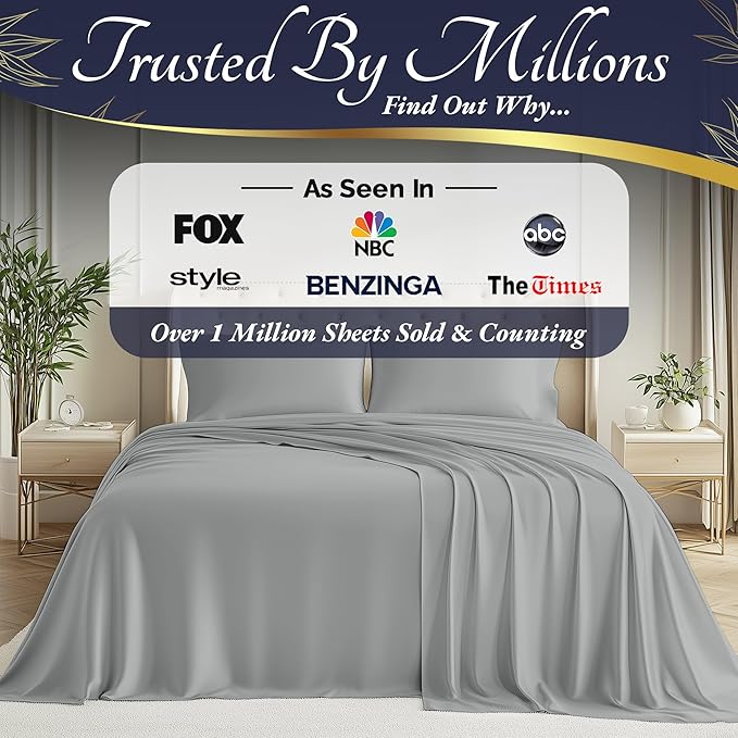 DECOLURE 100% Viscose Derived from Bamboo Sheets Full Size 4pcs - Ultra Soft & Luxuriously Cooling, 17" Deep Pocket, Double Stitching, Perfect for Hot Sleepers - Full Bed Sheets (Light Grey)
