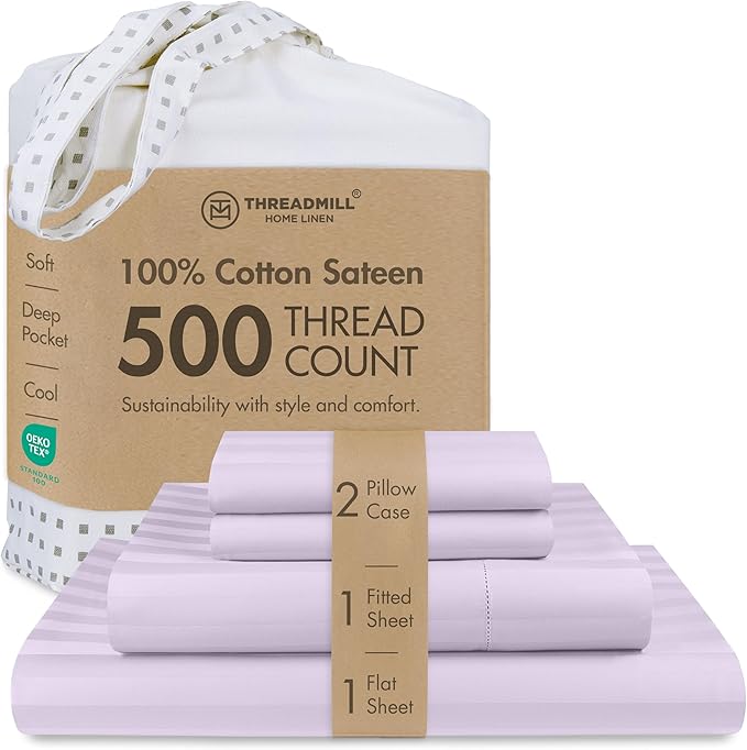Threadmill 500 Thread Count Full-Size Damask Stripe, 4 Pc Luxury Cotton Bedding Set, Silky Smooth Lilac Sheets with 16" Elasticized Deep Pocket, 2 Pillowcases & Free Tote Bag