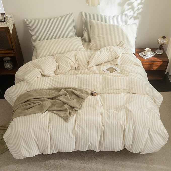 FOSSA Striped Duvet Cover Set 100% Washed Cotton Linen Feel Super Soft Breathable Cozy 3 Pieces Bedding Sets Almond Milk Grey Classic Stripes King