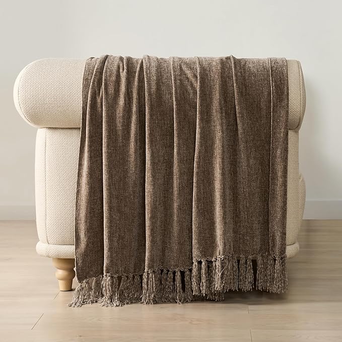 EVERGRACE Soft Chenille Throw Blanket for Couch, Cozy Plush Fuzzy Decorative Chenille Knit Throw Blanket with Tassels, Lightweight Blanket and Throws for Bed Sofa Gift Home Decor, Mocha Brown 60"x80"
