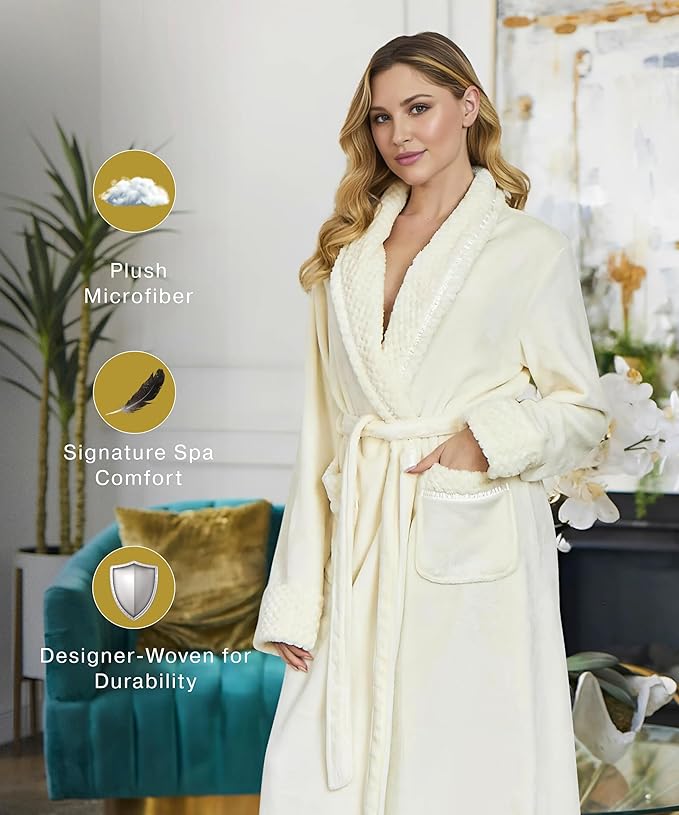 Lotus Linen Plush Robes for Women - Soft Bathrobe, Custom Monogram, Warm Fleece Robe with Pockets