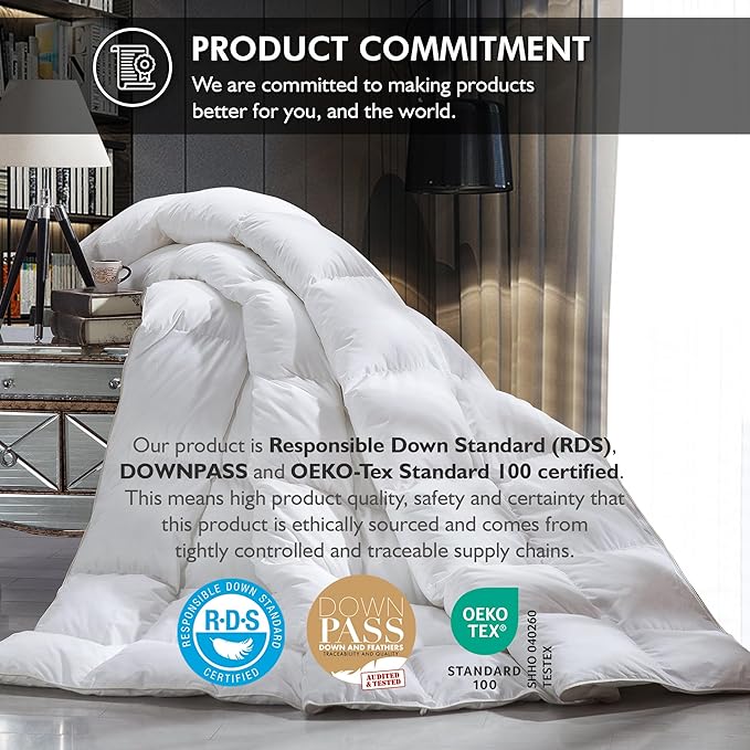 Luxurious Oversize California King 108" x 98" Size Goose Down Fiber Waterfowl Feather Fiber Comforter Duvet, 100% Egyptian Cotton Cover, 68 oz. Fill Weight, Baffle Box Design, White Solid