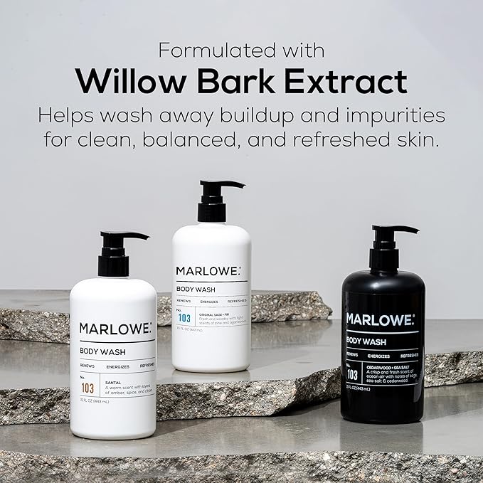 MARLOWE. No. 103 Body Wash 15 oz Pump, Santal, Energizing & Refreshing Shower Gel, Willow Bark & Green Tea Extracts, Cleanses, Moisturizes, Smooths & Nourishes, Warm Amber, Spice & Citron Scent