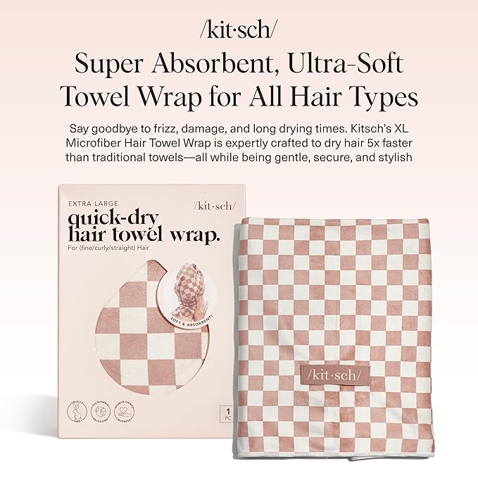Kitsch XL Microfiber Hair Towel Wrap for Women – Ultra Absorbent Microfiber Towel for Wet, Curly, Long or Short Hair – Quick Dry, Anti-Frizz Hair Wrap – Terracotta Checkered, 40x24 inches