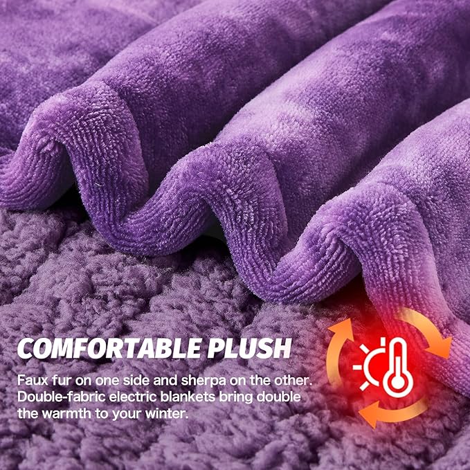 greenoak Heated Electric Blanket Throw, Faux Fur Sherpa Heating Blanket for Sofa Bed, Warm Winter Gifts for Women/Her, Heater Lap Blankets 5-Position Timer &10 Heating Levels 84''*90" Purple