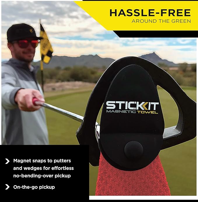 STICKIT Magnetic Golf Towel, Red, Premium 29" Microfiber with Deep Waffle Pockets, Industrial Strength Magnet for Secure Hold to Golf Carts & Clubs, Ultra-Absorbent, Fast-Drying, Easy-Clean Design