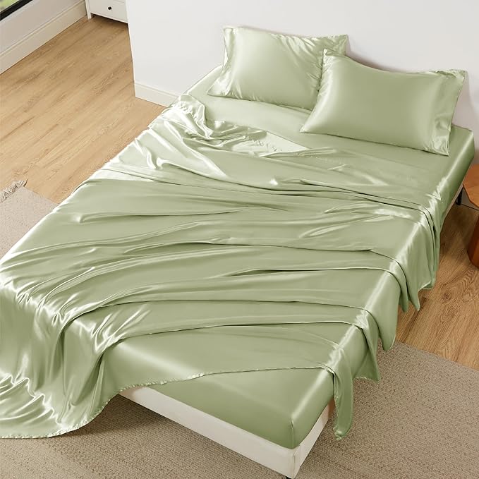 Bedsure Satin Sheets Full Size - 4 Piece Silky Bedsheets with 15 Inches Deep Pocket Fitted Bedsheet,1 Flat Sheet, 2 Satin Pillowcases, Good for Hair & Skin (Full, Sage Green)