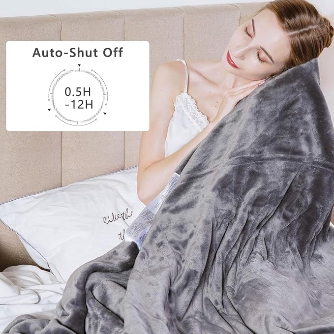 SUNVIVI Heated Electric Blanket Queen Size Dual Control, 10 Heat Settings, 12 Hours Auto Off, Machine Washable, ETL Certified, Overheating Protection, Grey, 84x90 Inch