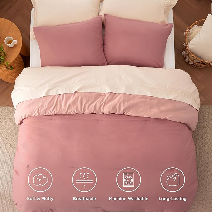 Bedsure King Size Comforter Set, Reversible Pink Clay Soft Prewashed Bedding for All Seasons, 3 Pieces Warm Down Alternative Bed Set, 1 Lightweight Comforter (104"x90") and 2 Pillowcases (20"x36")