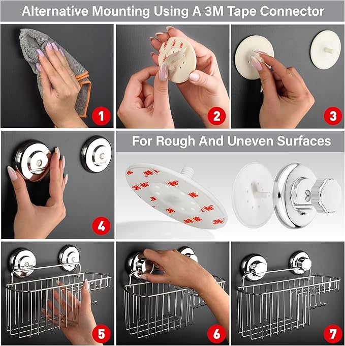 HASKO Suction Cup Shower Caddy Basket for Shampoo, Shower Suction Shelf Organizer, Basket with Soap Holder and Hooks, Stainless Steel Shampoo Holder for Bathroom Storage (Chrome)