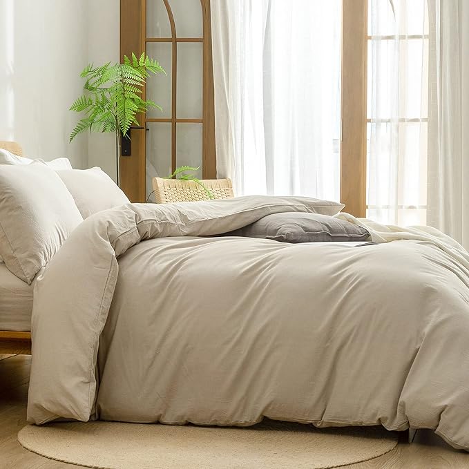 BESTOUCH Duvet Cover Set 100% Washed Cotton Linen Feel Super Soft Comfortable Chic Lightweight 2 PCs Home Bedding Set Solid Almond Milk Grey Twin/Twin XL
