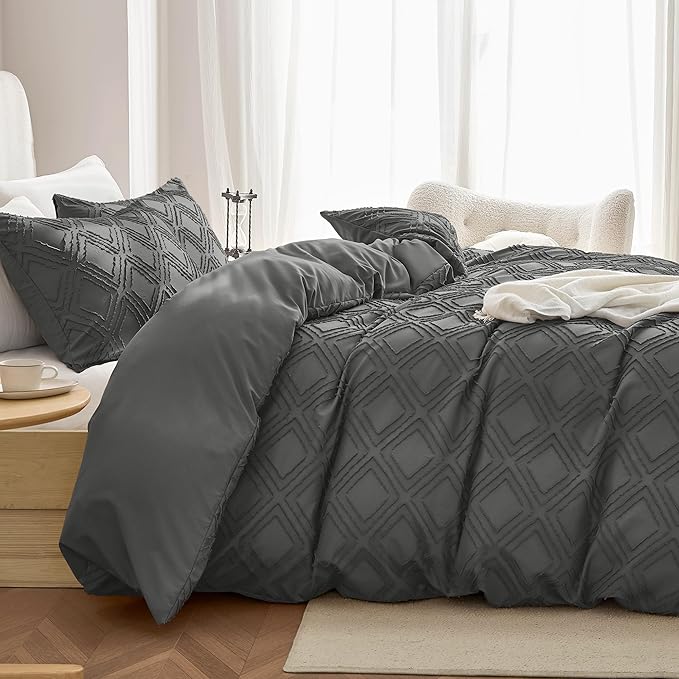 JELLYMONI Duvet Cover Twin Size Dark Grey - 3PCS Boho Duvet Cover Set Plaid Polyester Tufted Bohemian Jacquard Knit Textured Comforter Cover 68×90in Rhombic Geometric Pattern Corner Ties & Zipper