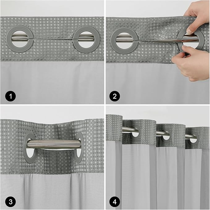 Colorful Star No Hook Shower Curtain with Snap in Fabric Liner, Waffle Weave Heavy Duty Thick Shower Curtains with Mesh Top Window, Hotel Style Waterproof Bathroom Curtain Set, 72 x 87 Inch, Grey