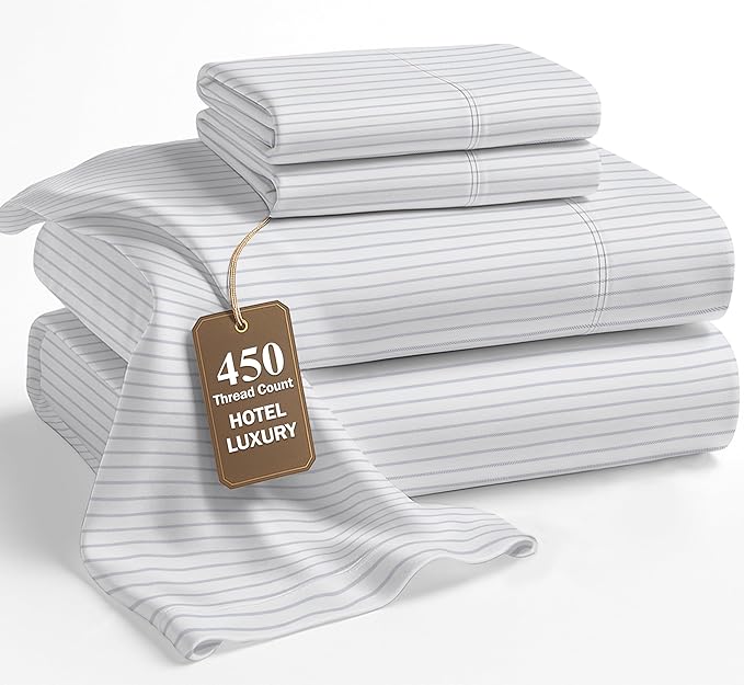 LANE LINEN King Sheet Set – 450 Thread Count Long-Staple 100% Cotton King Size Sheet Set, Sustainably Oeko-Tex Certified, Soft Silky Sateen Finish, 15" Deep Pocket Fitted Sheet – Ticking Stripe