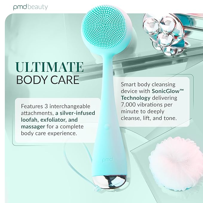 PMD Clean Body - Smart Body Cleansing Device with Silicone Brush & Three Interchangeable Attachments - Waterproof - SonicGlow Vibration - Cleanse, Exfoliate, & Massage Body