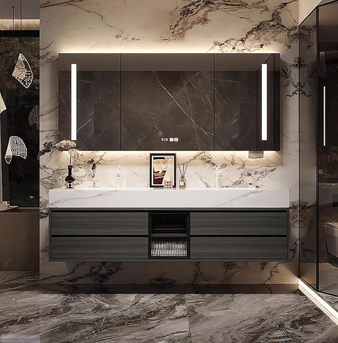 92IN Bathroom Vanity with Double Sink, Modern Bathroom Vanity with LED Smart Defog Mirror Cabinet & Integrated Ceramic Sink, Floating Vanities with Drawers and Glass Cabinet Door (Grey Wood)