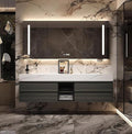 56IN Bathroom Vanity with Double Sink, Modern Bathroom Vanity with LED Smart Defog Mirror Cabinet & Integrated Ceramic Sink, Floating Vanities with Drawers and Glass Cabinet Door (Grey Wood)