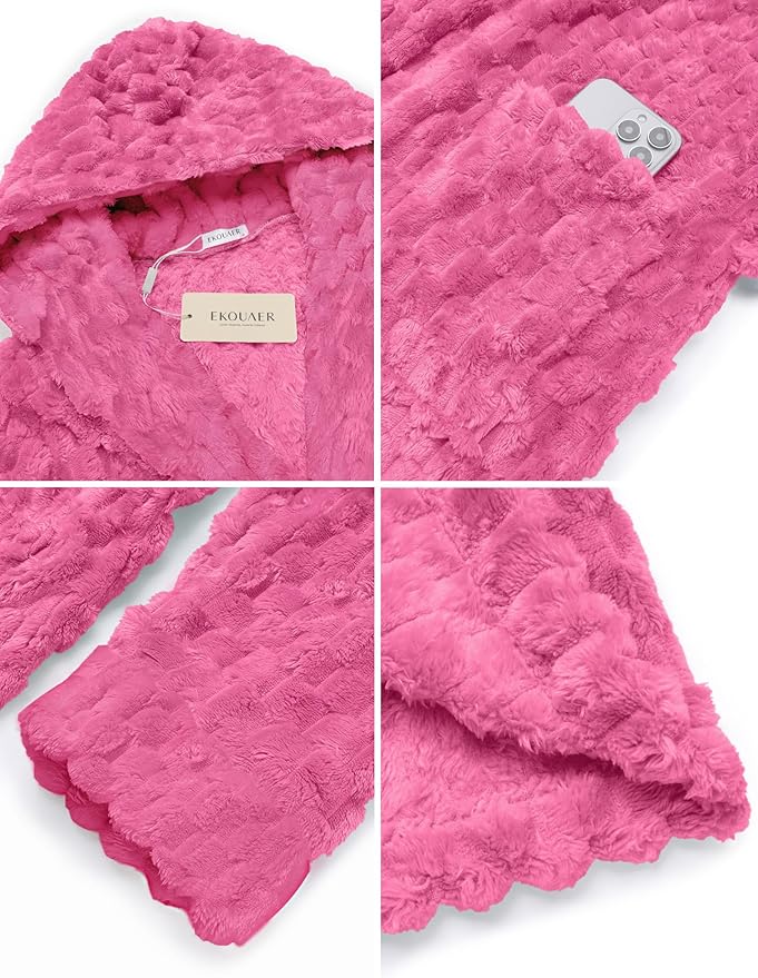 Ekouaer Womens Plush Robes Long Soft Jacquard Fluffy Bathrobe Hooded Robe Sleepwear with Pockets
