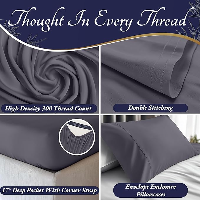 DECOLURE 100% Viscose Derived from Bamboo Sheets Queen Size 4pcs - Ultra Soft & Luxuriously Cooling, 17" Deep Pocket, Double Stitching, Perfect for Hot Sleepers - Queen Bed Sheets (Grey)