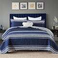 Y-PLWOMEN Queen Quilt Set - 100% Cotton Queen Quilt, Navy Blue Striped Quilt for Queen Bed, Lightweight Reversible Queen Size Bedspread for All Season, 3-Piece